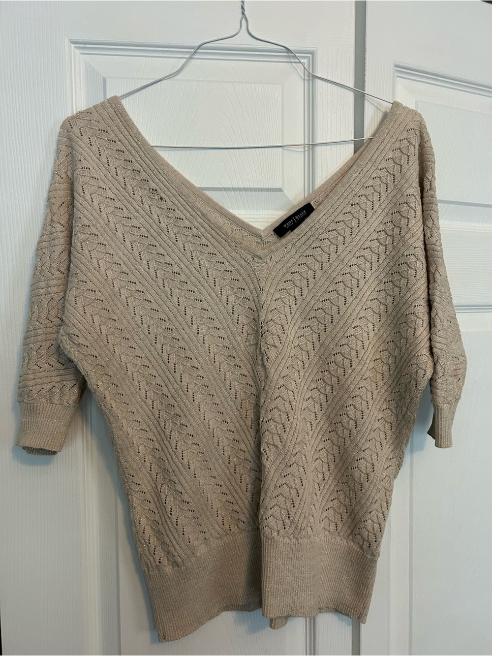 White House Black Market Cream Open-Stitch V-Neck Sweater medium